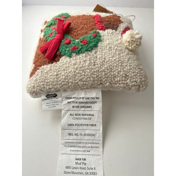 Brown Christmas Dog Wood Square Decorative Pillow Wreath Red Bow 8" Mud Pie - Picture 3 of 5